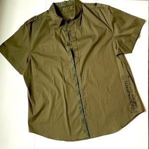 Guess Army green button up shirt. Has unique drawings all over. Excellent cond.